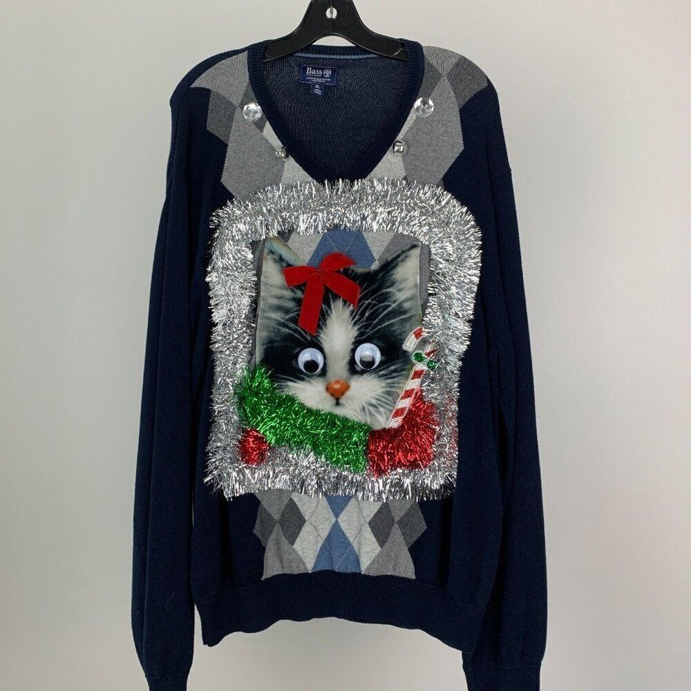Ugly Christmas Sweater Men's sz XL Cat with Googly Eyes Hand Crafted Funny